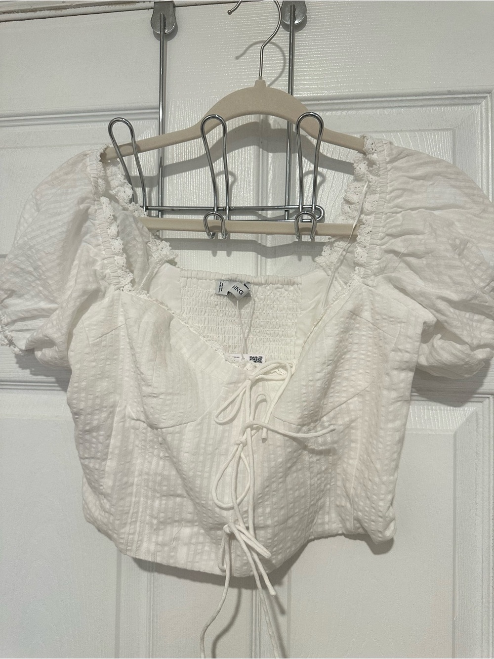 Mango White Lace-Up Puff Sleeve Crop Top